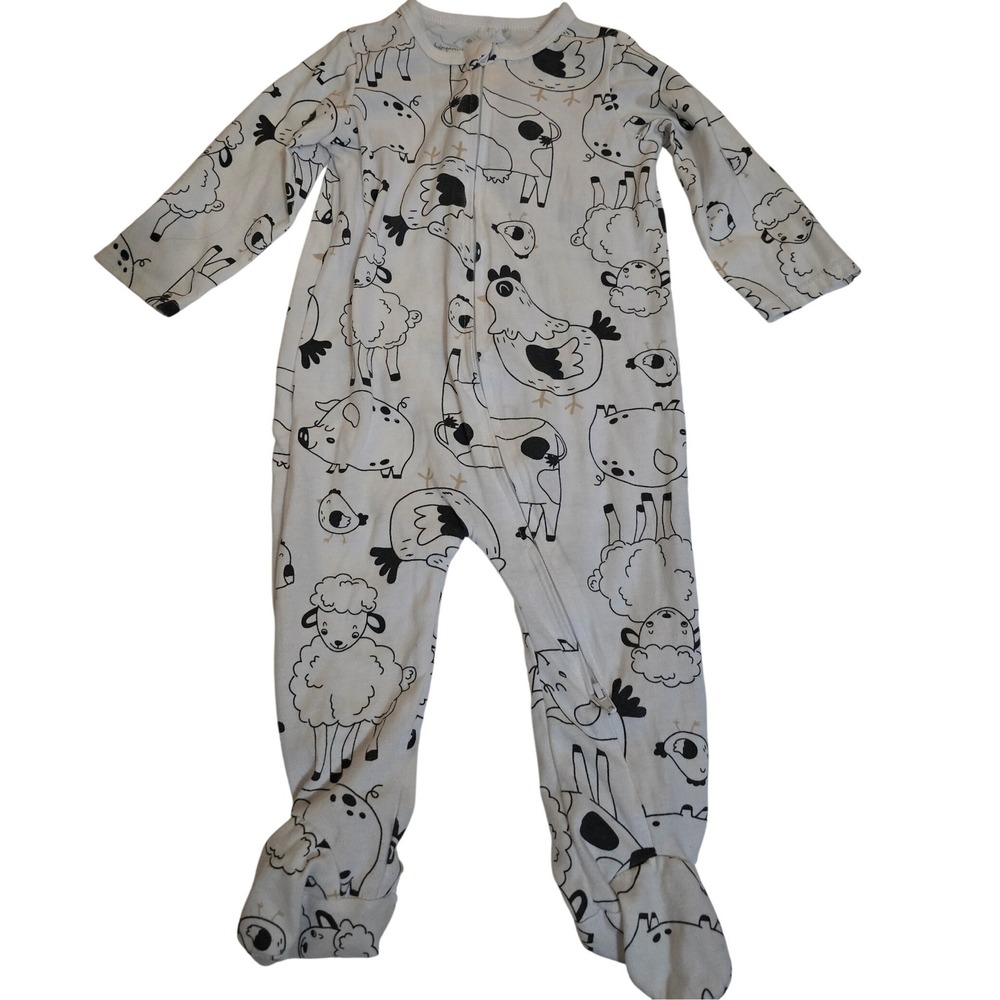 First Impressions Baby Farm Animal Footed Sleeper White Black 3-6 Months
